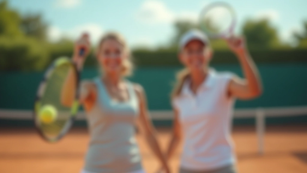 Group of mature adults playing tennis on outdoor court on sunny day with blue sky