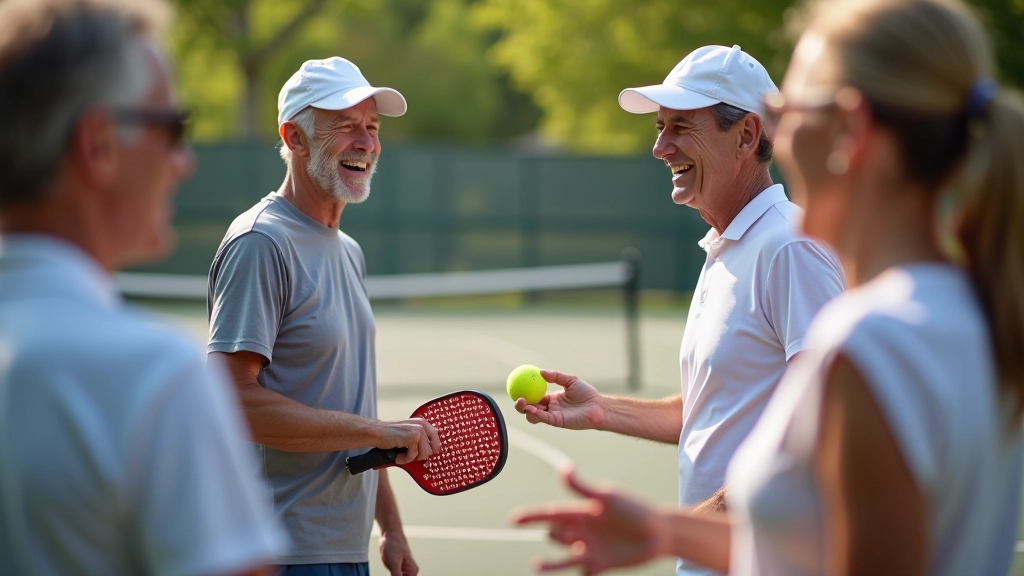 Group of diverse beginner players aged 40-65 participating in court social event, smiling and greeting each other at pickleball court entrance