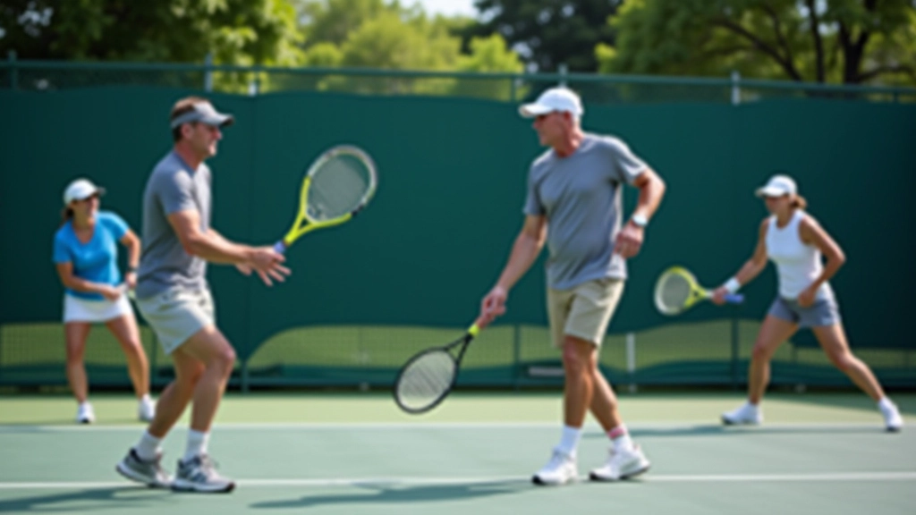 Group doubles training session with four players on court practicing coordinated movements