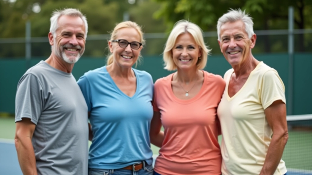 Group of smiling players aged 45-65 standing together on pickleball court in casual athletic wear, relaxed poses