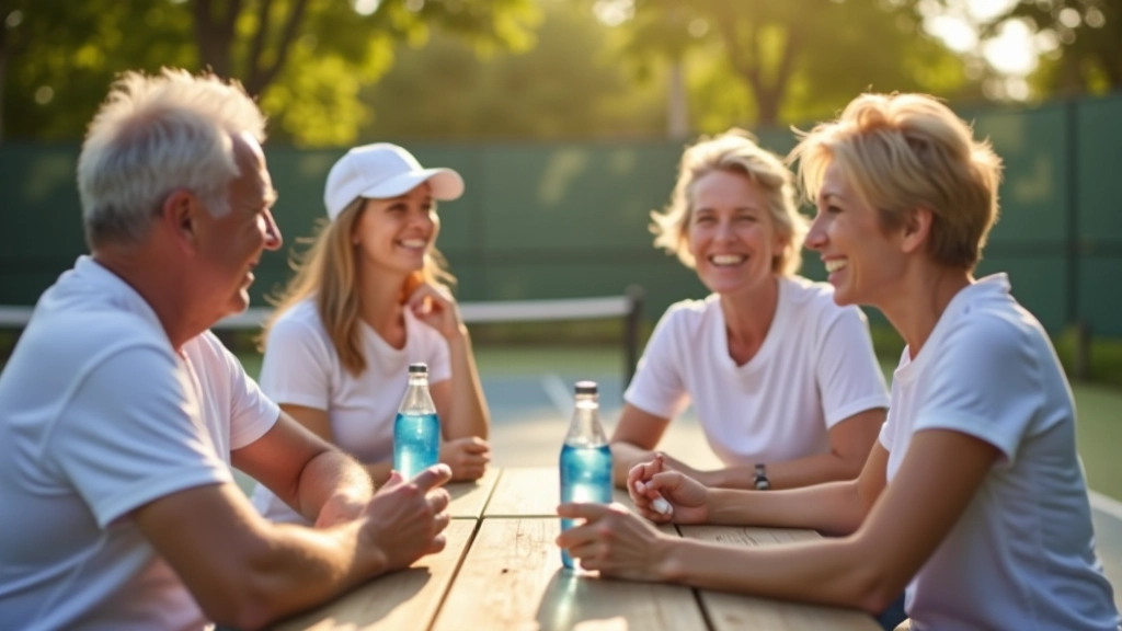 Four players aged 45-65 laughing together at picnic table courtside holding water bottles in afternoon light