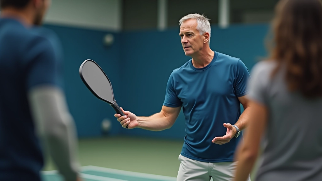 Experienced pickleball instructor demonstrating proper paddle grip and ready position to beginner student on outdoor court with blue surface