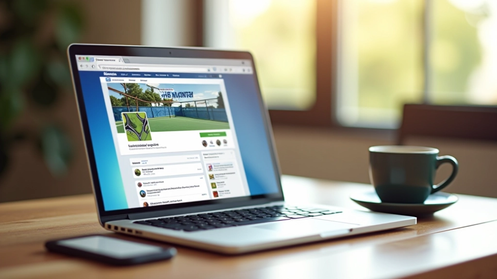 Laptop screen showing Facebook group page with tennis players' posts and comments, coffee cup beside keyboard on wooden desk