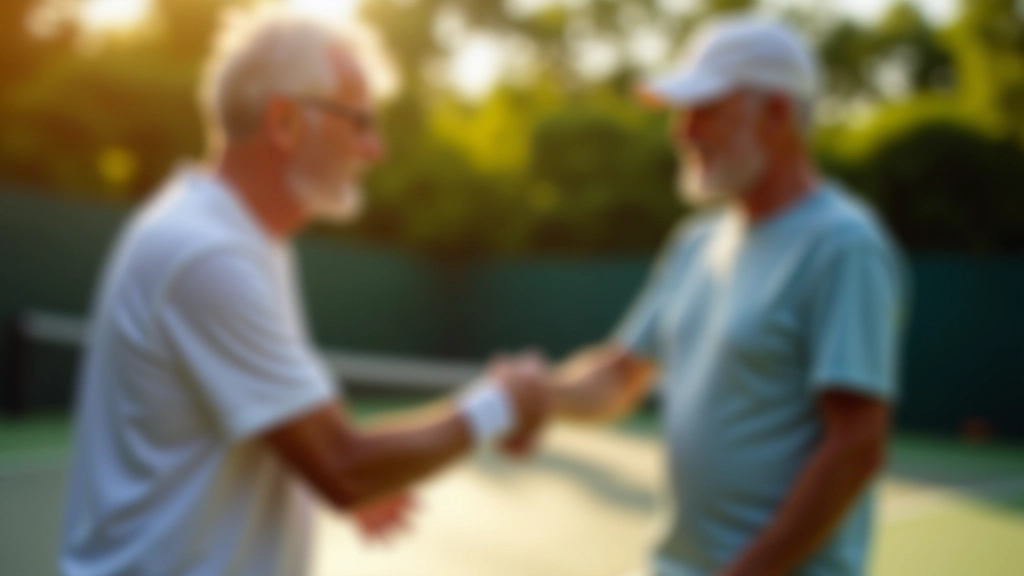 Two male players aged 50-60 shaking hands at net before doubles tournament match on outdoor pickleball court