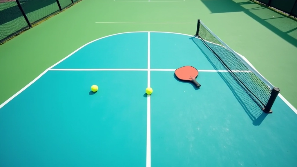 Overhead view of pickleball court with proper court lines, net positioned correctly, and new paddle and ball ready for play