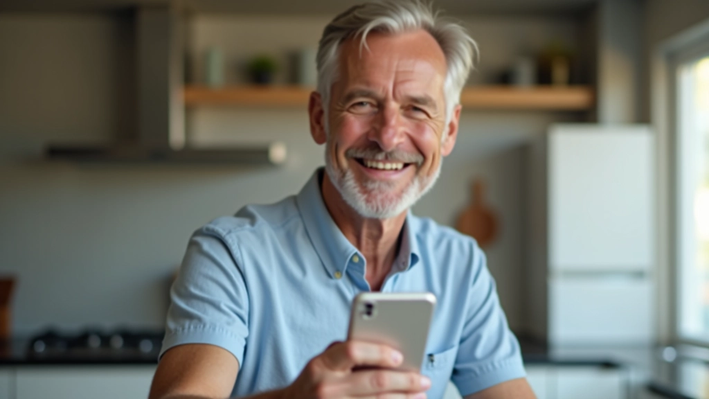 Person aged 50 holding smartphone with dating app interface, relaxed smile, sitting in bright kitchen area