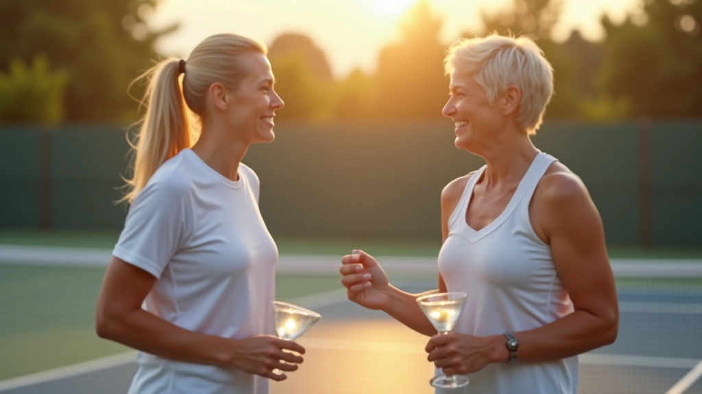 Diverse group of players aged 40-60 socializing and playing on outdoor pickleball courts during weekly community meetup event