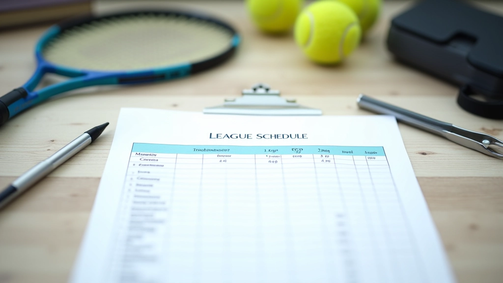 Close-up of a league schedule printout showing match times, opponent names, court assignments, and weekly match progression