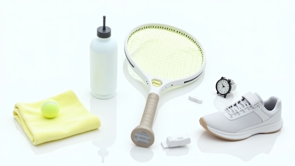 Sports equipment neatly arranged on white background including tennis racket water bottle towel and court shoes