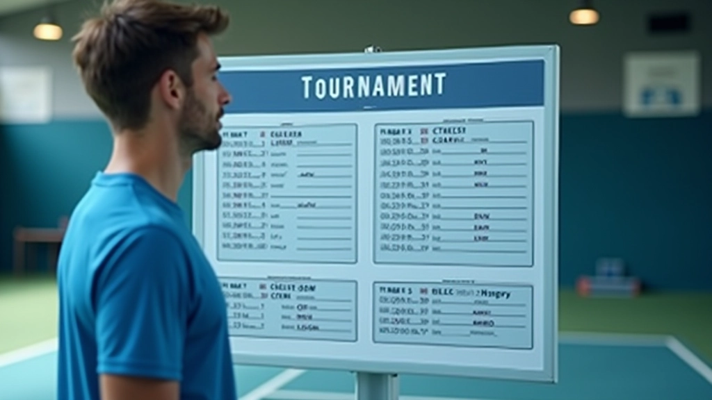 Digital tournament schedule board displaying match times, player names, court assignments and standings for mixed league season