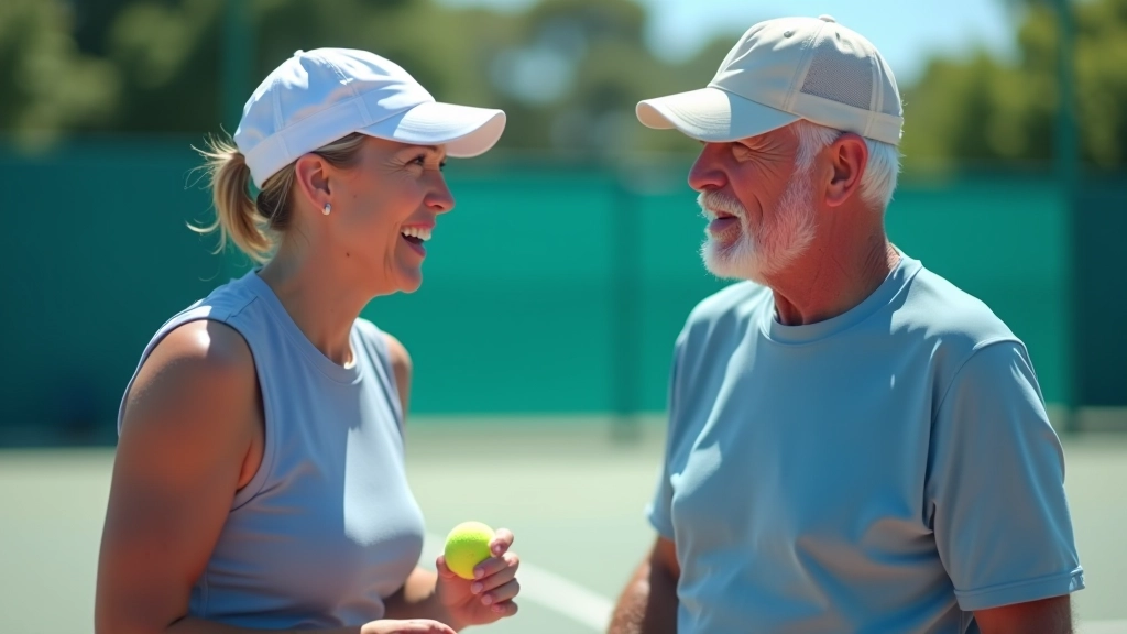 Two tennis players at net position, discussing strategy during match, focused body language
