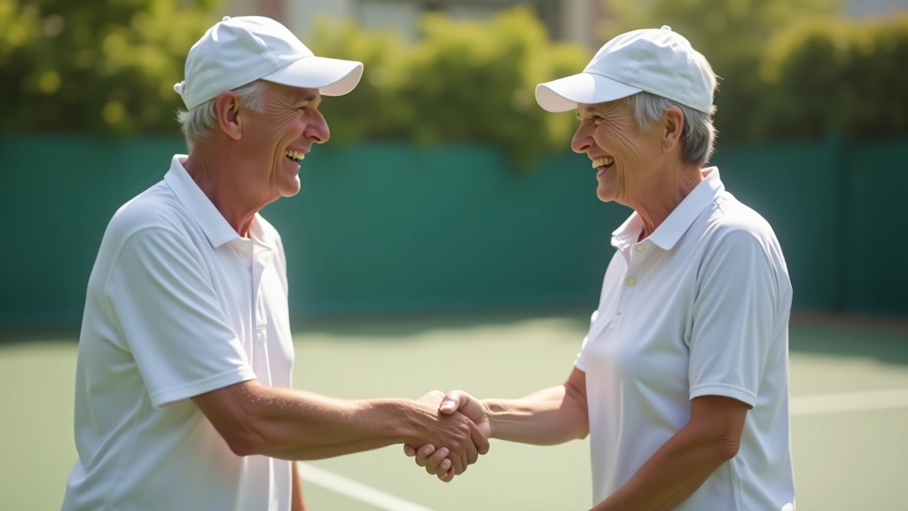 Two players aged 55 and 60 shaking hands at net on tennis court, both smiling warmly, sunny day